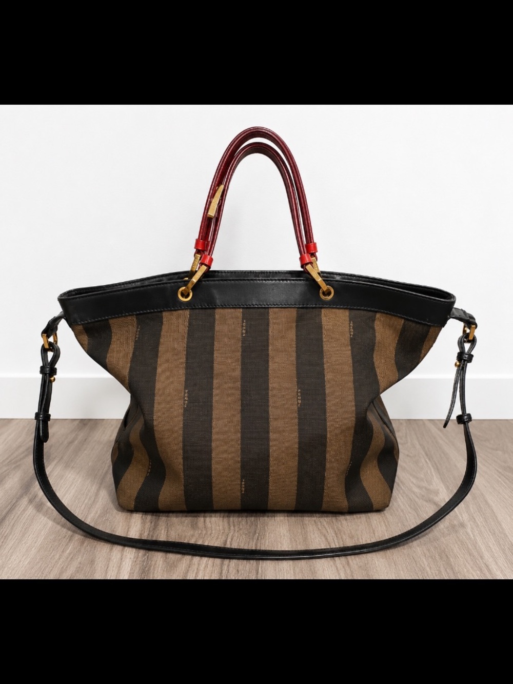 Authentic FENDI Pequin Stripe Large Canvas Leather Tote Bag 8BN242